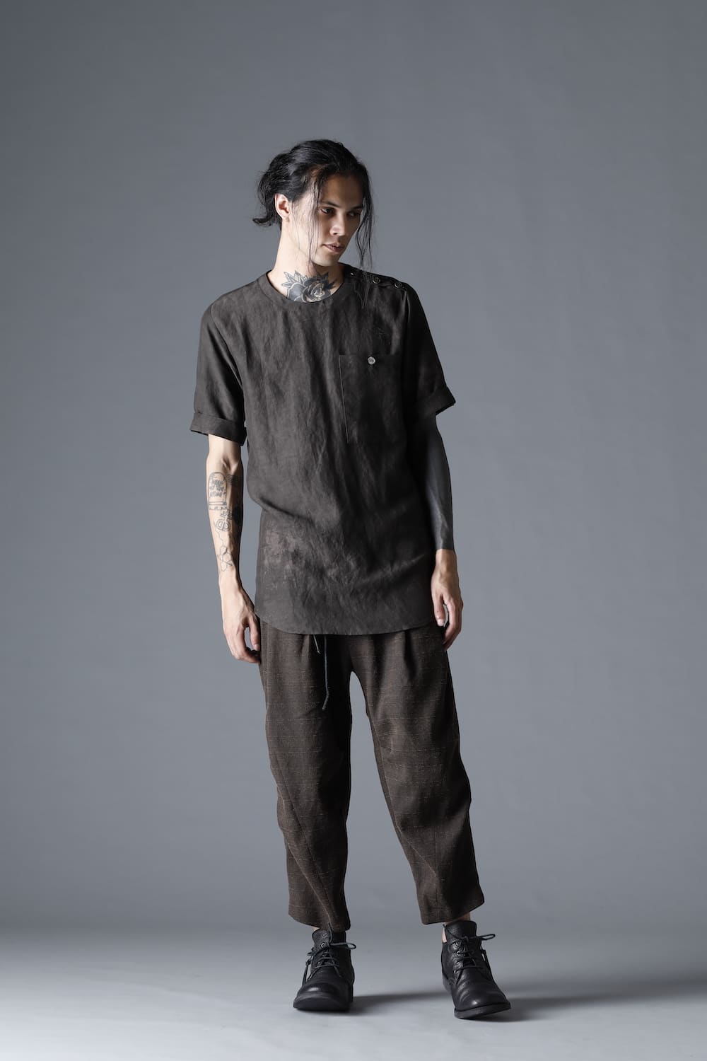 Uneven Dyed Rayon×Linen×Ramie Crew Neck Short Sleeves Pullover Charcoal