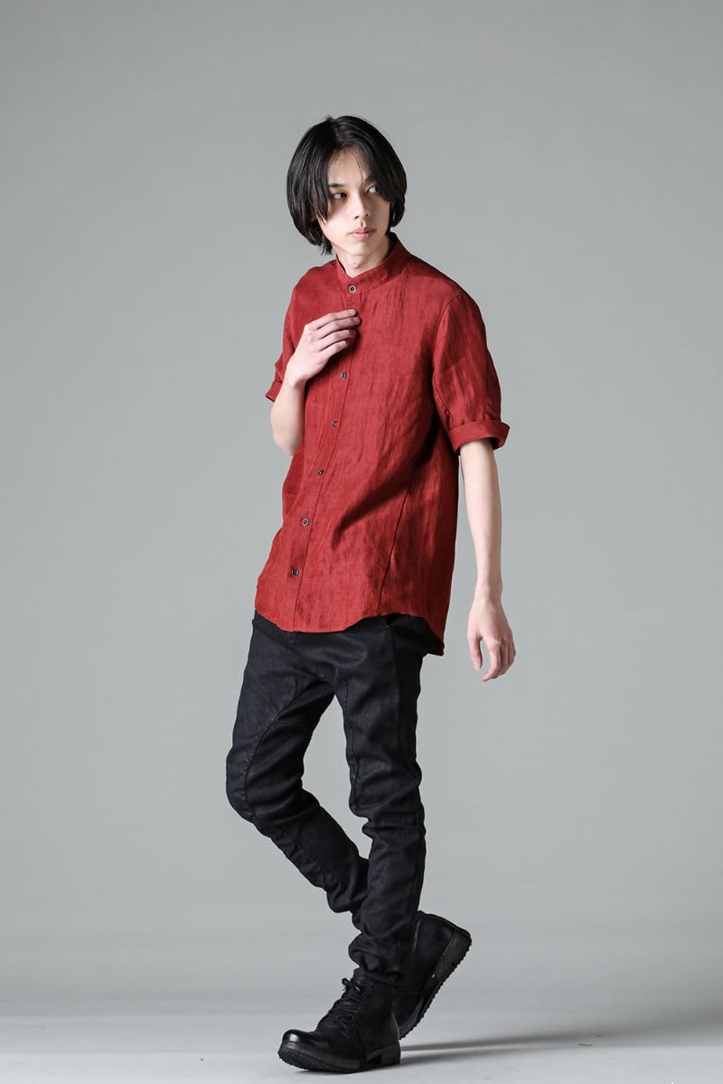 Linen And Rayon Salt Shrink-Dyed Short-Sleeved Banded Collar Shirt Brick