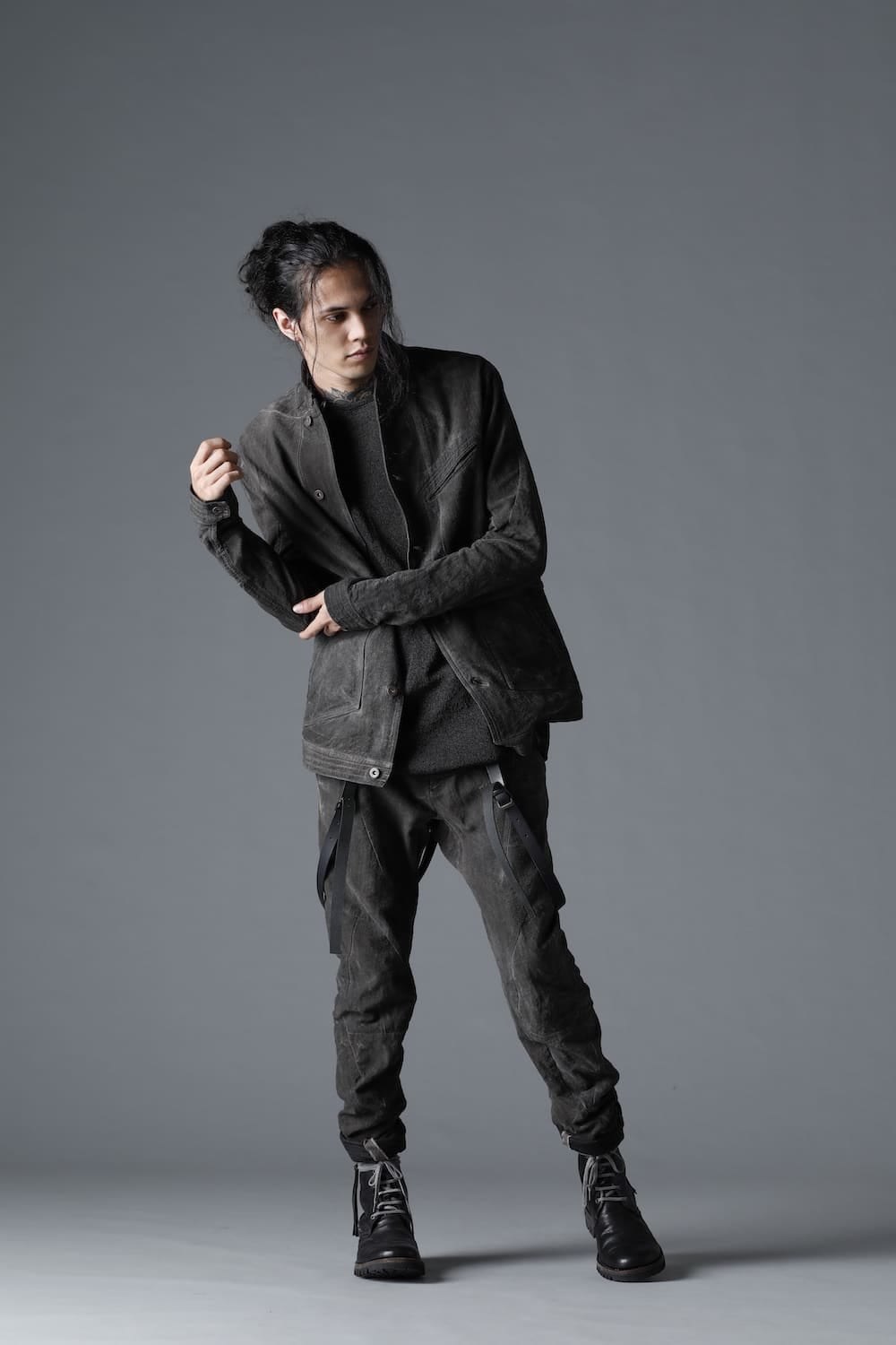 Random Dimple Stretch Cotton×LinenTwisted Curve Slim Pants Charcoal