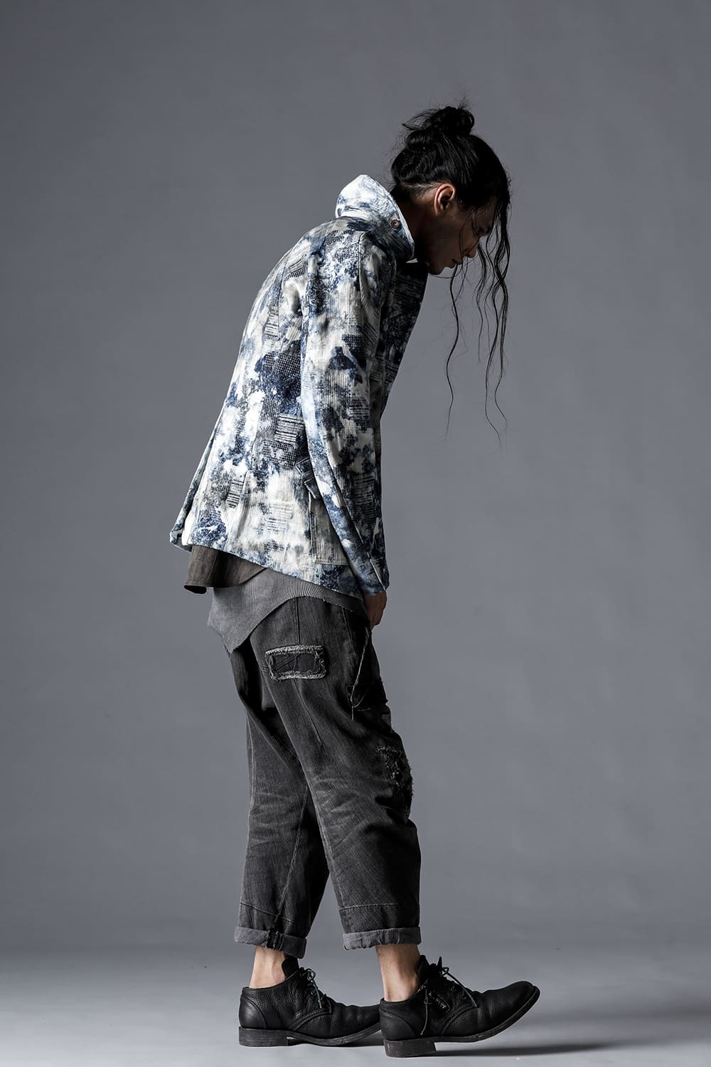 Damage Repair Curved Tapered Drop Crotch Denim Pants