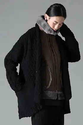 DEVOA 23-24AW Layered Styling of Mouton Vest and Knit Cardigan.