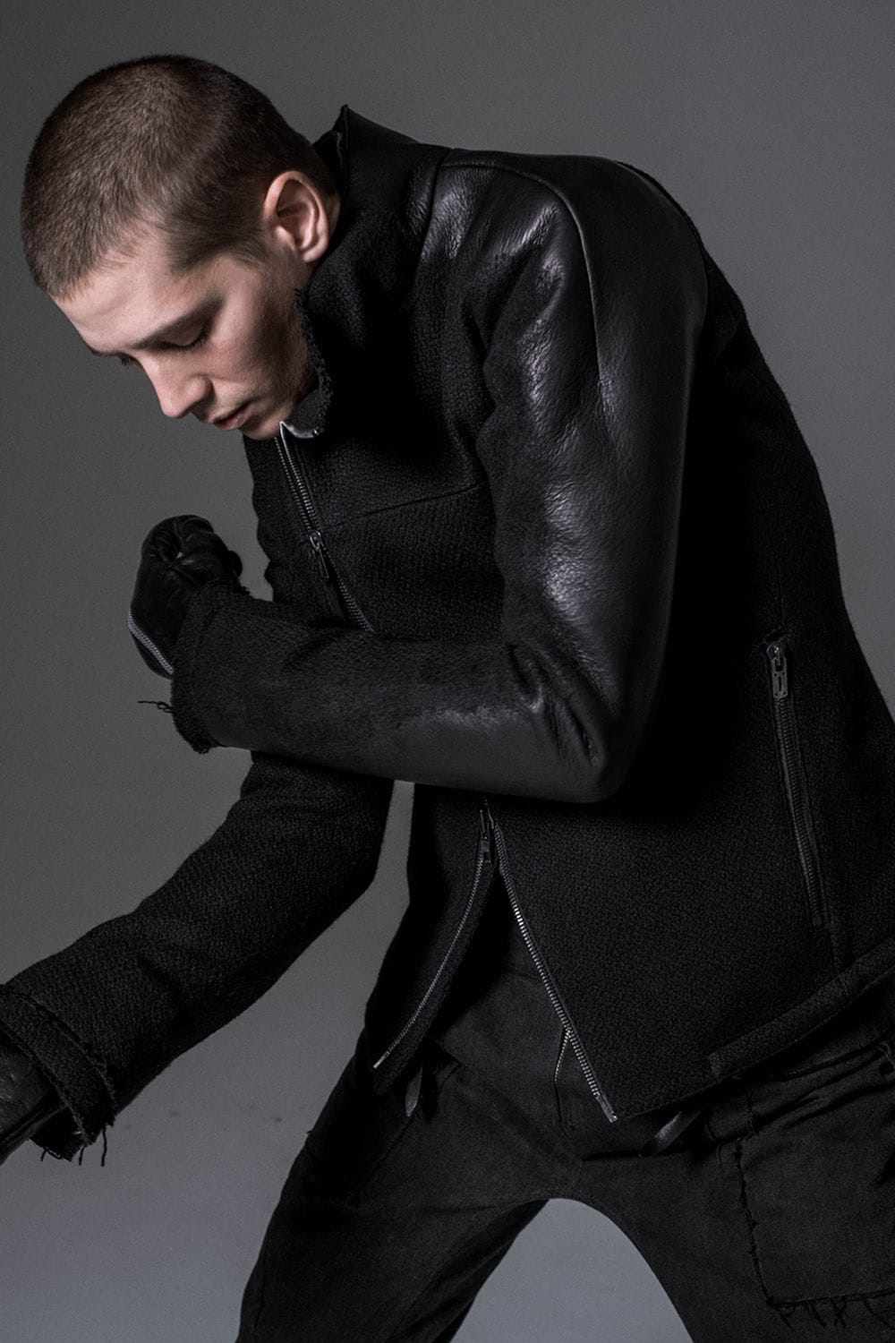 Leather Needle Punch High Neck Jacket