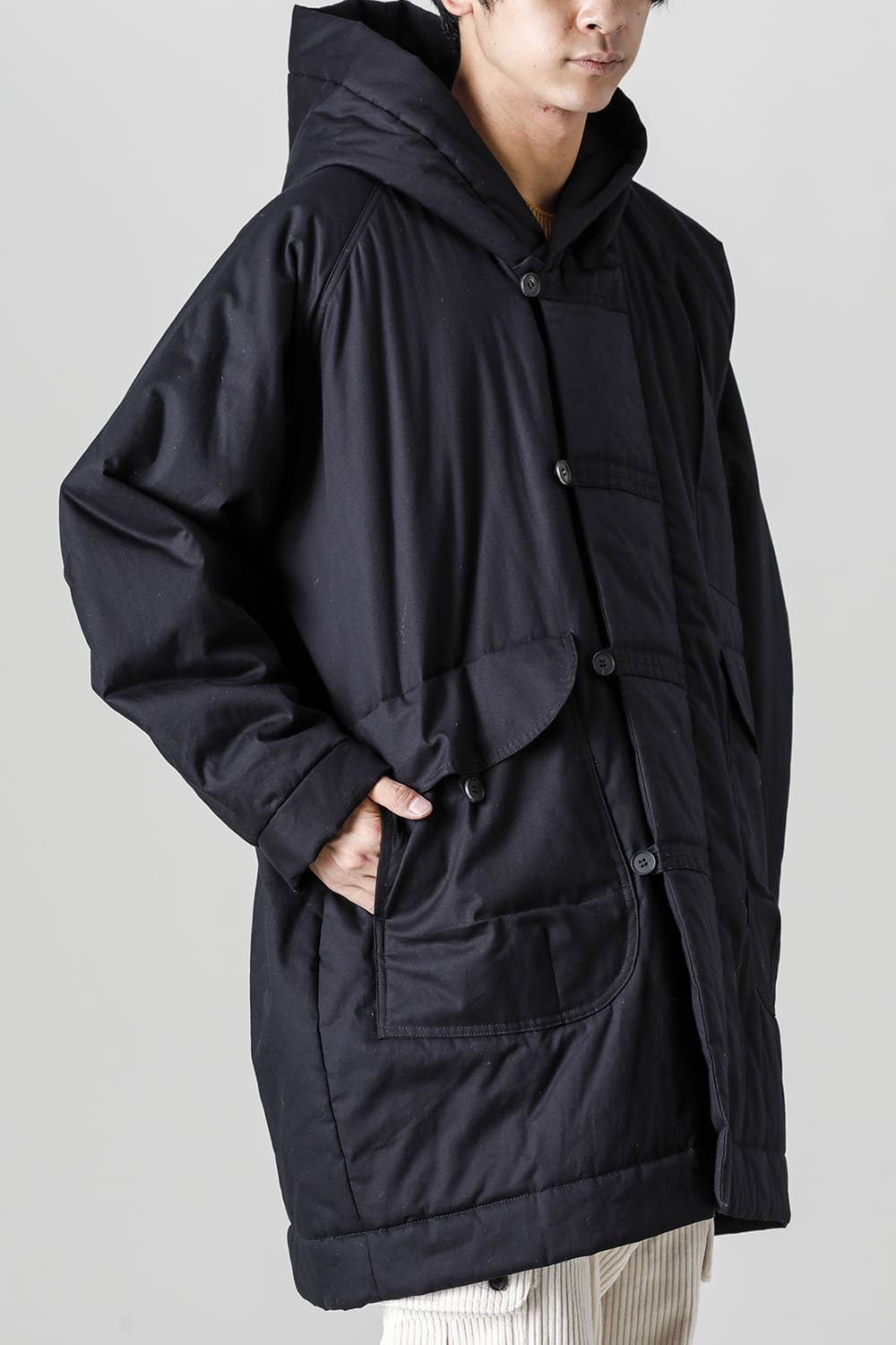 HOODED DUFFLE COAT Water-Repellent Padded Poplin Black