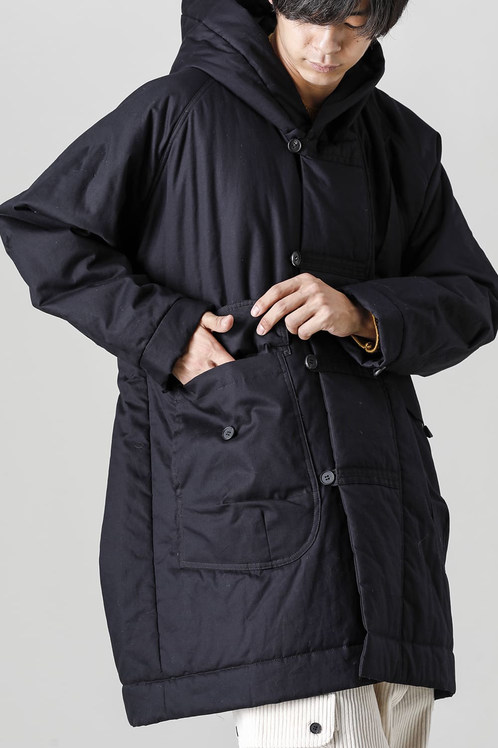 HOODED DUFFLE COAT Water-Repellent Padded Poplin Black
