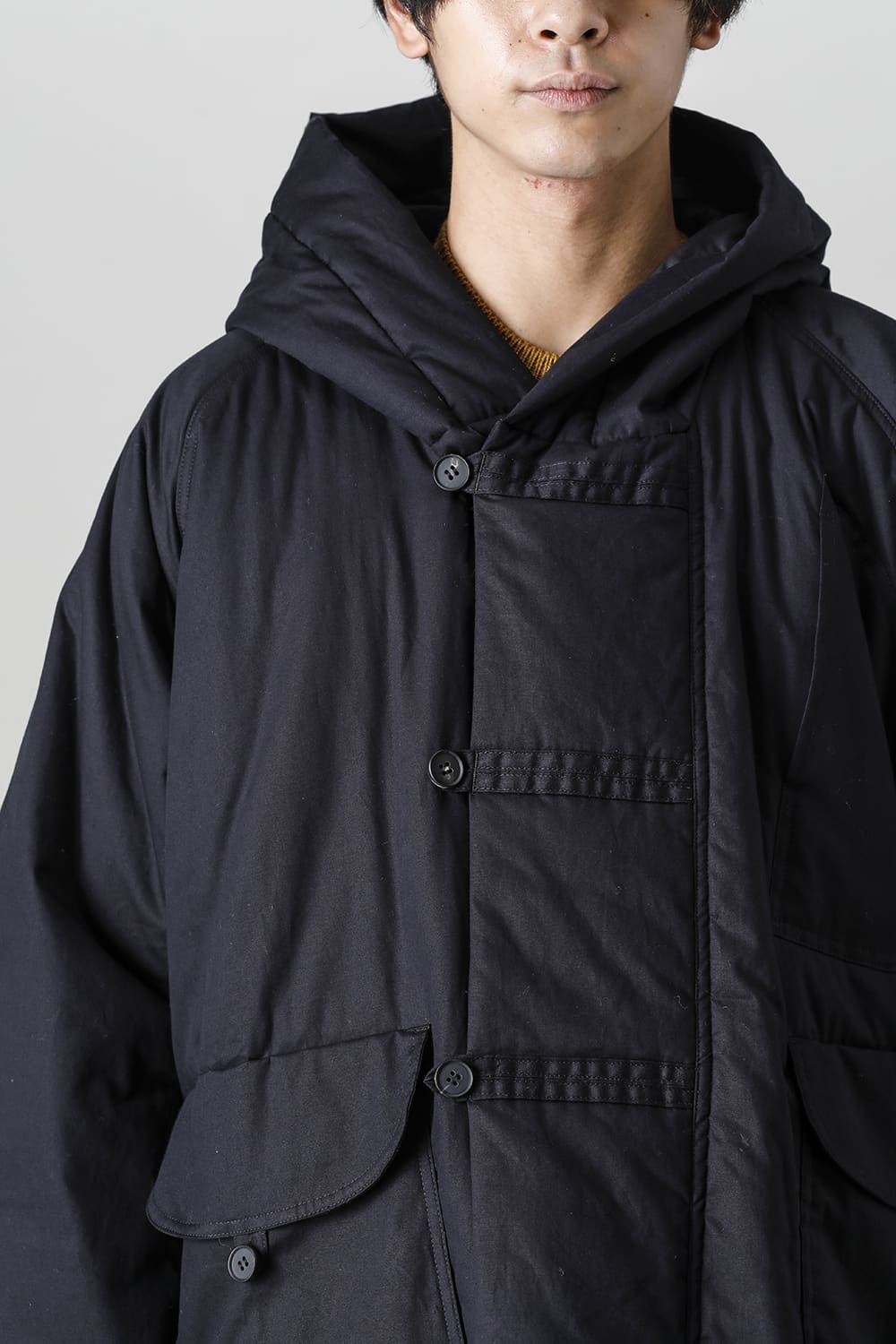 HOODED DUFFLE COAT Water-Repellent Padded Poplin Black