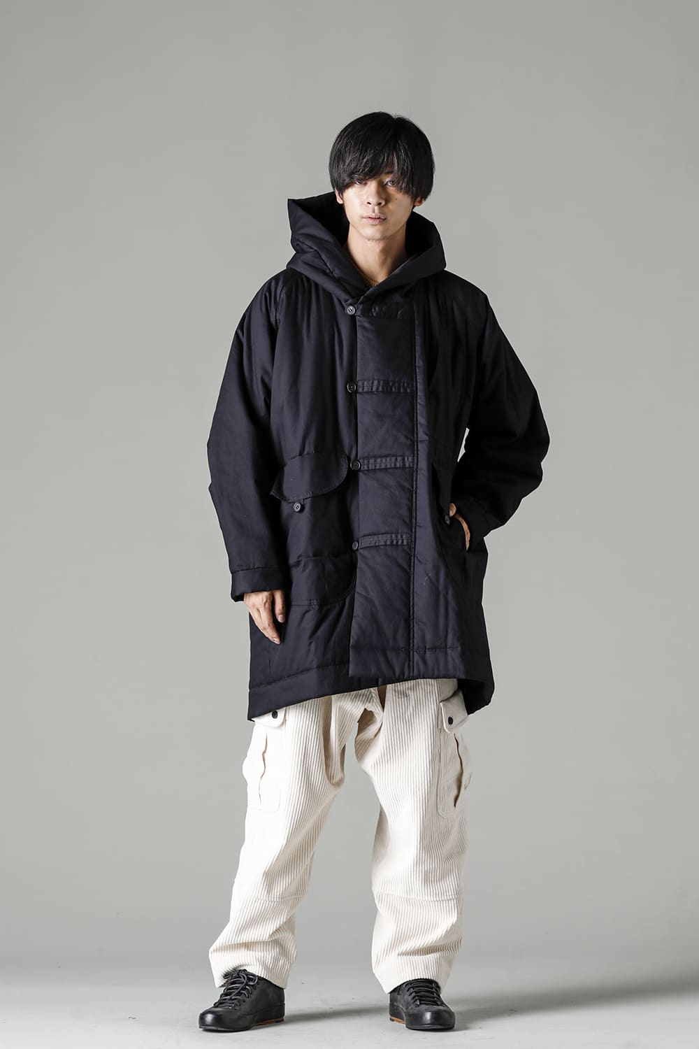 HOODED DUFFLE COAT Water-Repellent Padded Poplin Black
