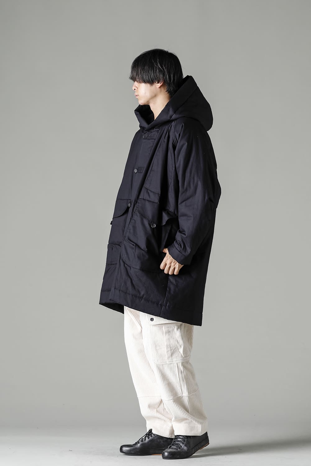 HOODED DUFFLE COAT Water-Repellent Padded Poplin Black