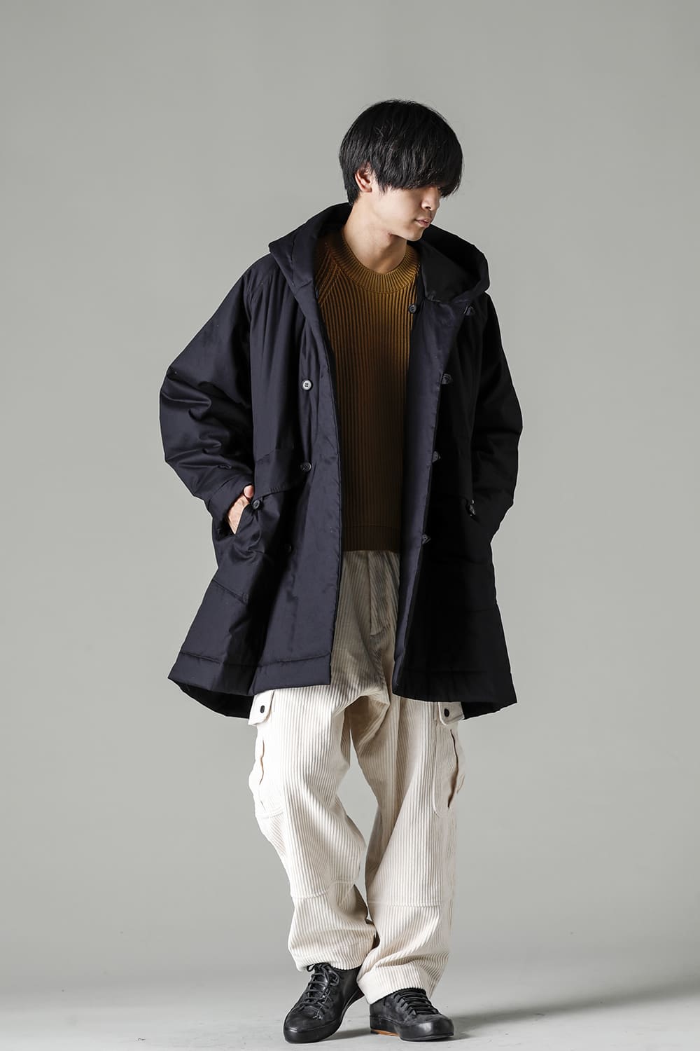 HOODED DUFFLE COAT Water-Repellent Padded Poplin Black