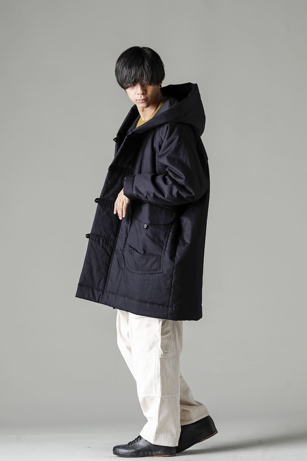 HOODED DUFFLE COAT Water-Repellent Padded Poplin Black