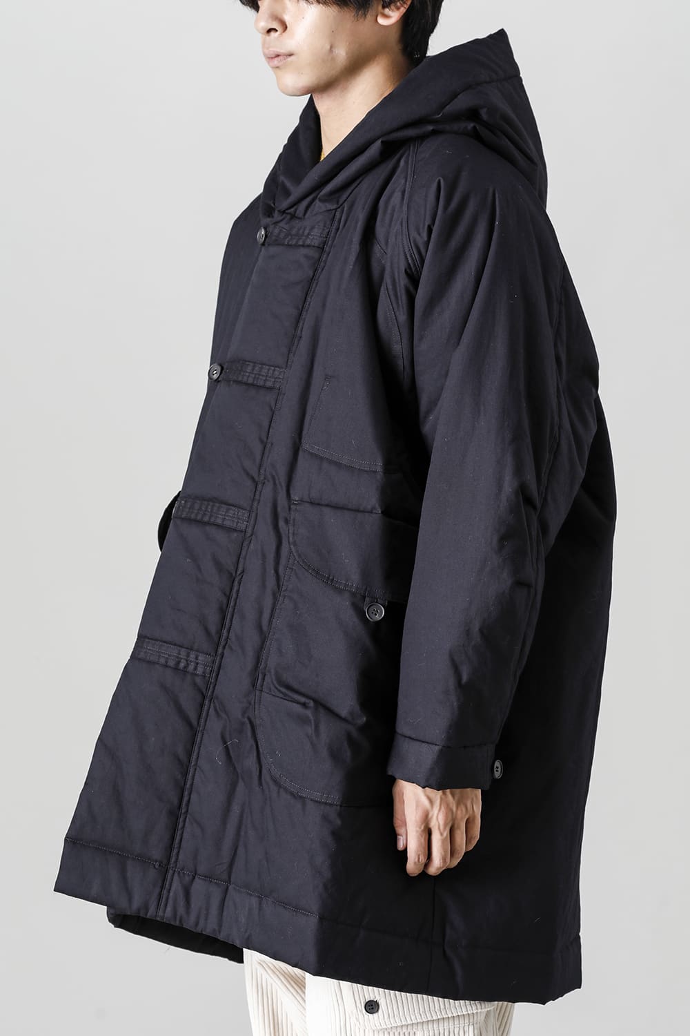 HOODED DUFFLE COAT Water-Repellent Padded Poplin Black