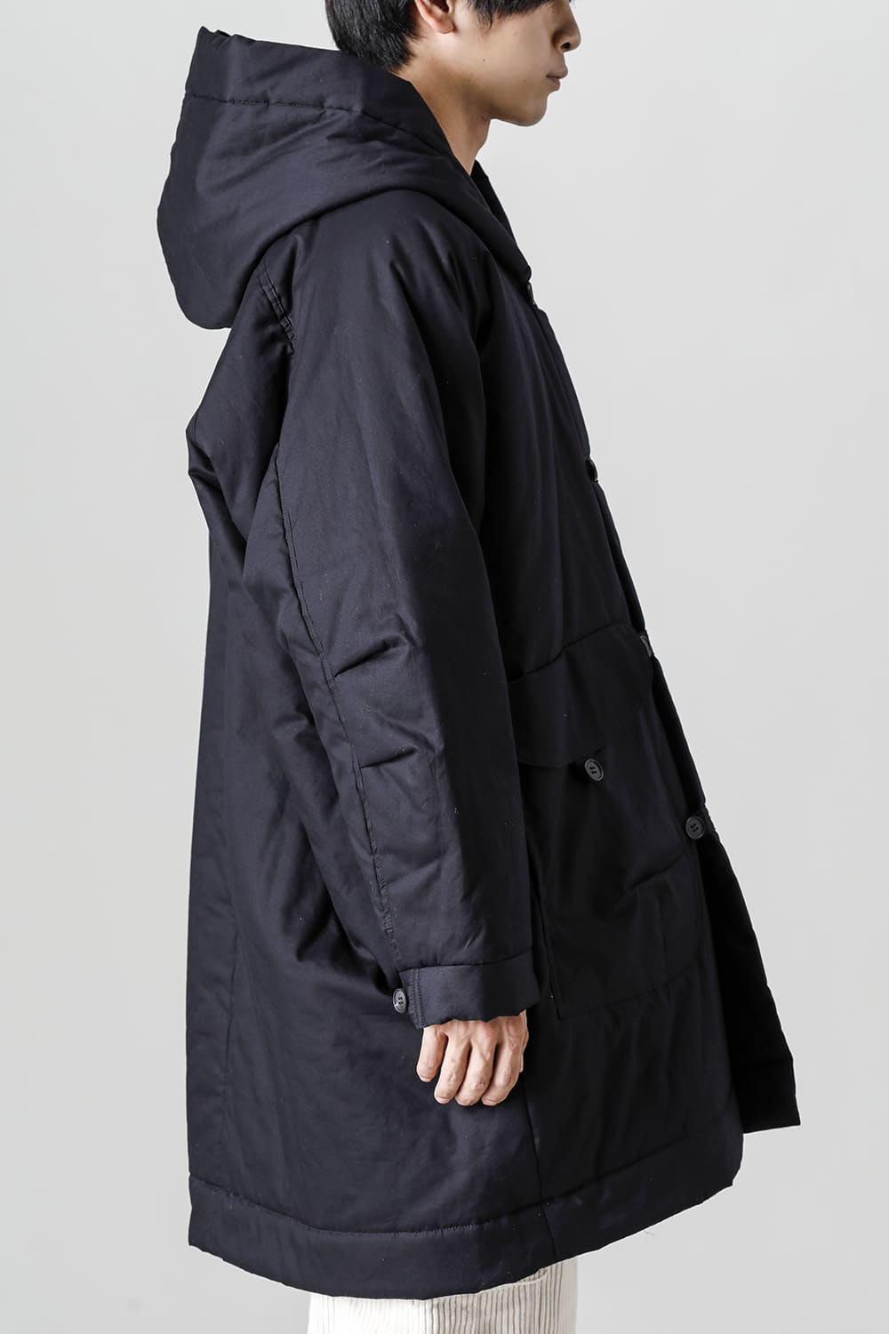 HOODED DUFFLE COAT Water-Repellent Padded Poplin Black