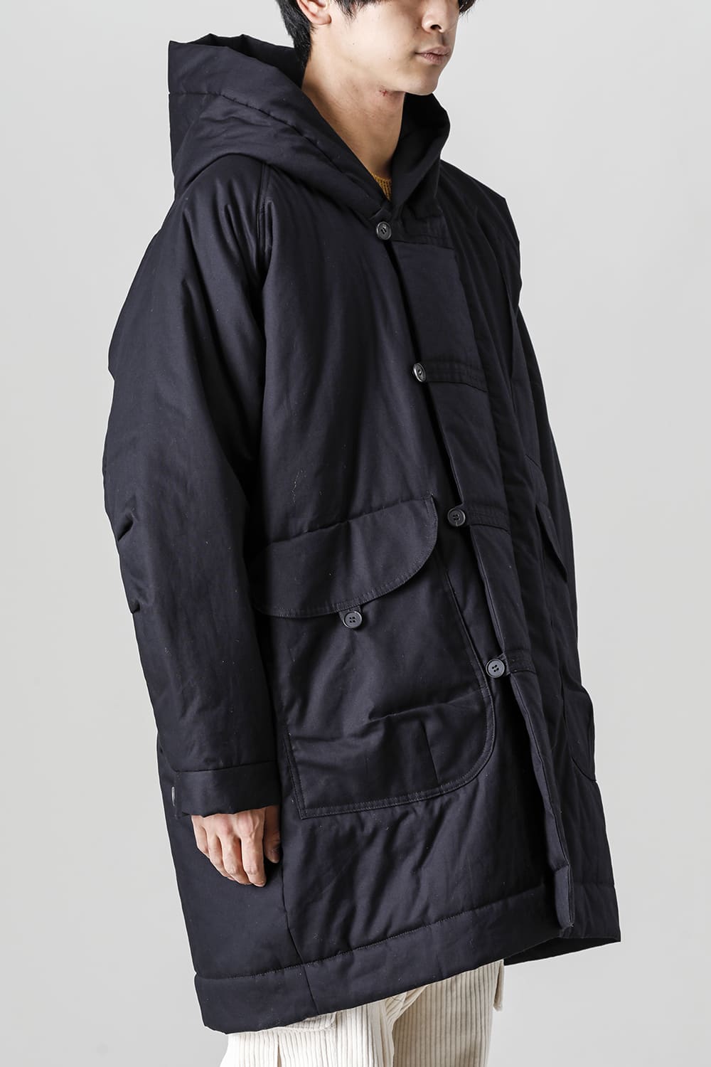 HOODED DUFFLE COAT Water-Repellent Padded Poplin Black