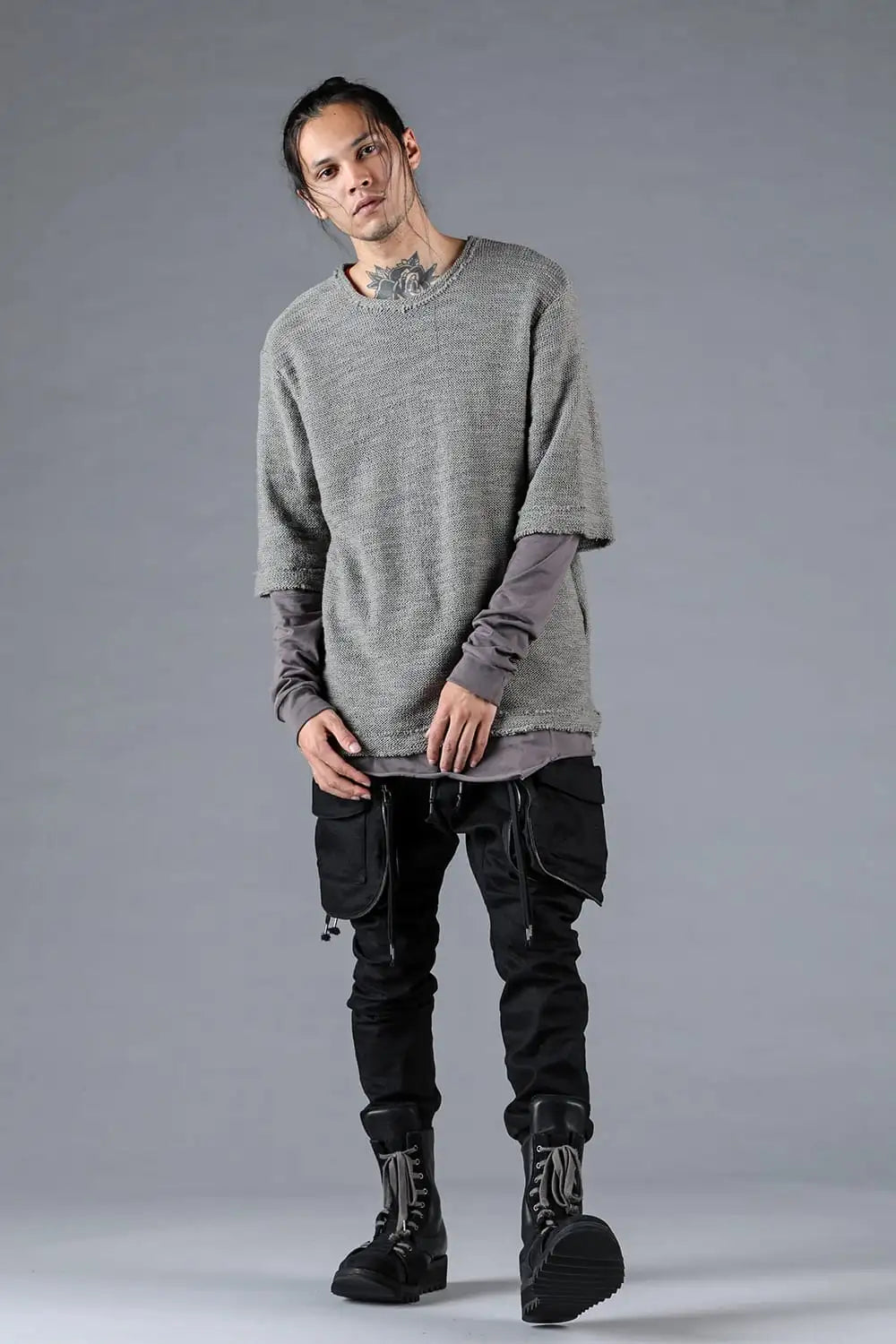 ローゲージニット×コットンジャージレイヤードTシャツ グレー