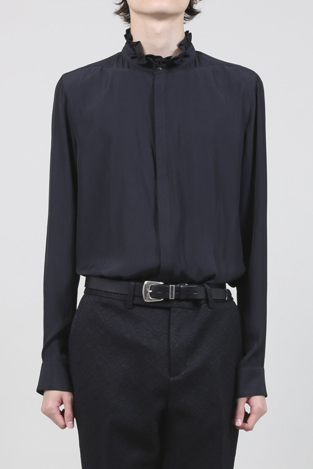 Dechine Stripe Jacquard Frill neck Shirt Black