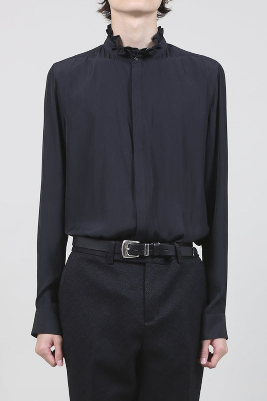 Dechine Stripe Jacquard Frill neck Shirt Black