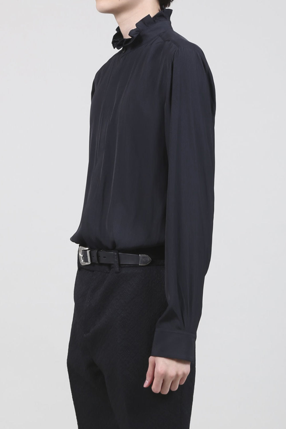 Dechine Stripe Jacquard Frill neck Shirt Black