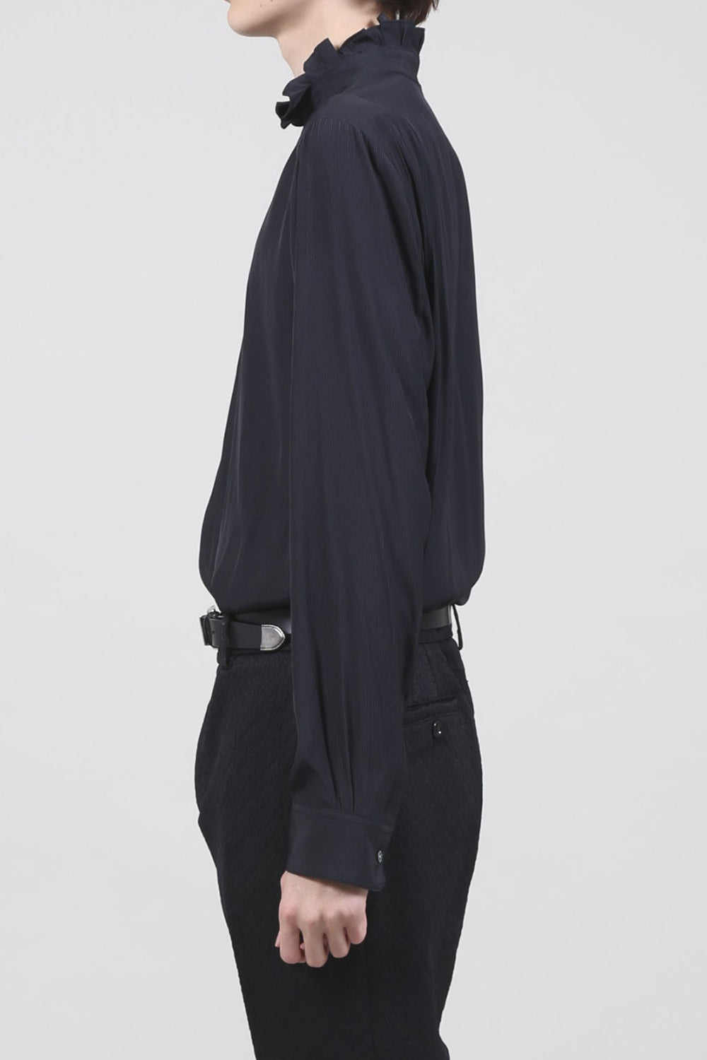 Dechine Stripe Jacquard Frill neck Shirt Black