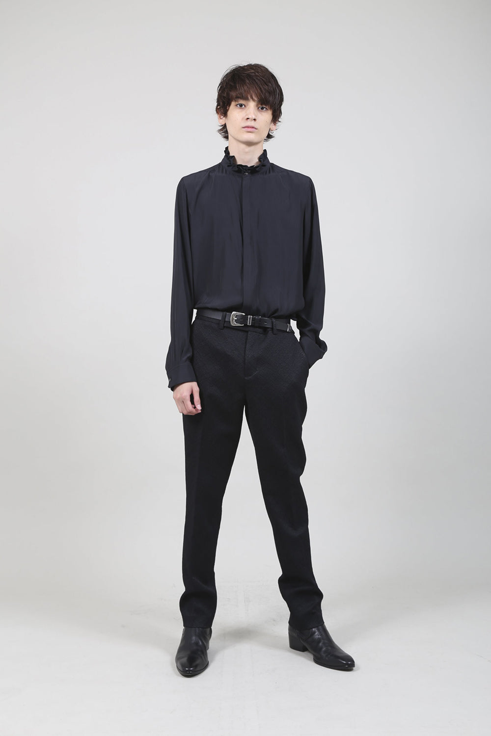 Dechine Stripe Jacquard Frill neck Shirt Black