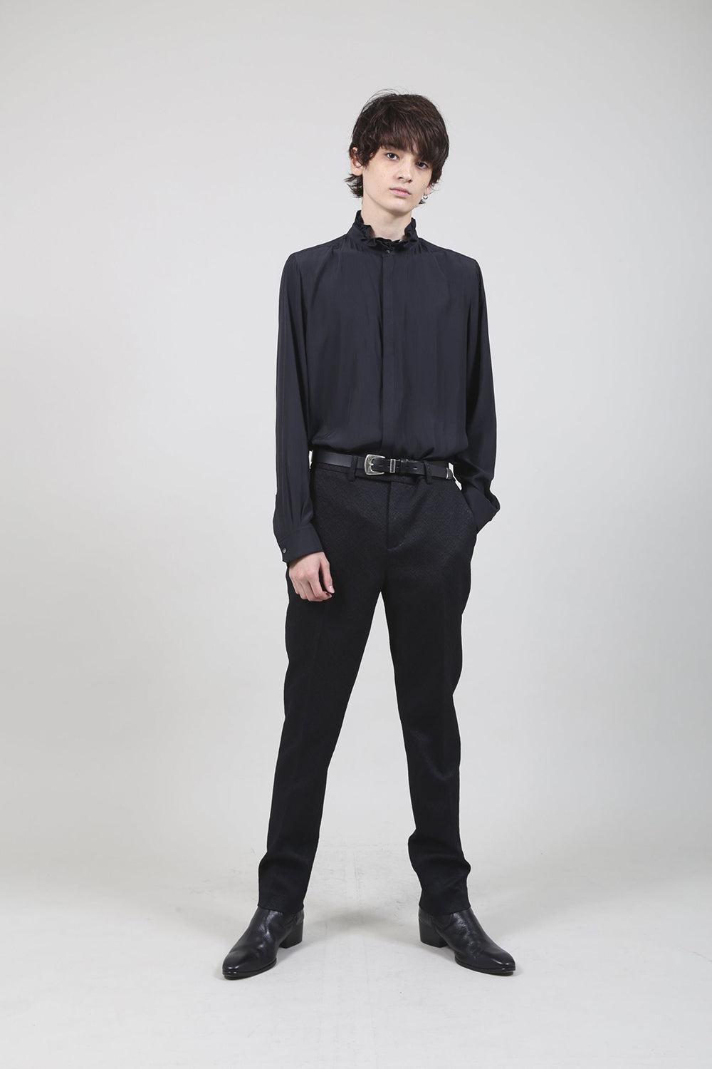 Dechine Stripe Jacquard Frill neck Shirt Black
