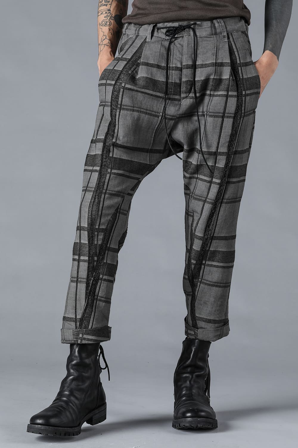 Check Jacquard Drop Crotch Cropped Pants