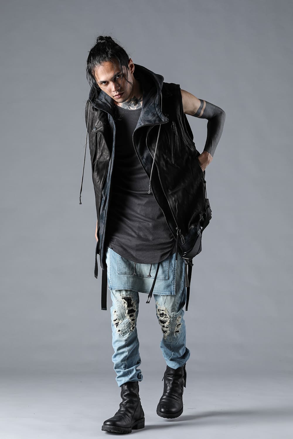 Bum Flap Distressed Denim Drop Crotch Slim Pants