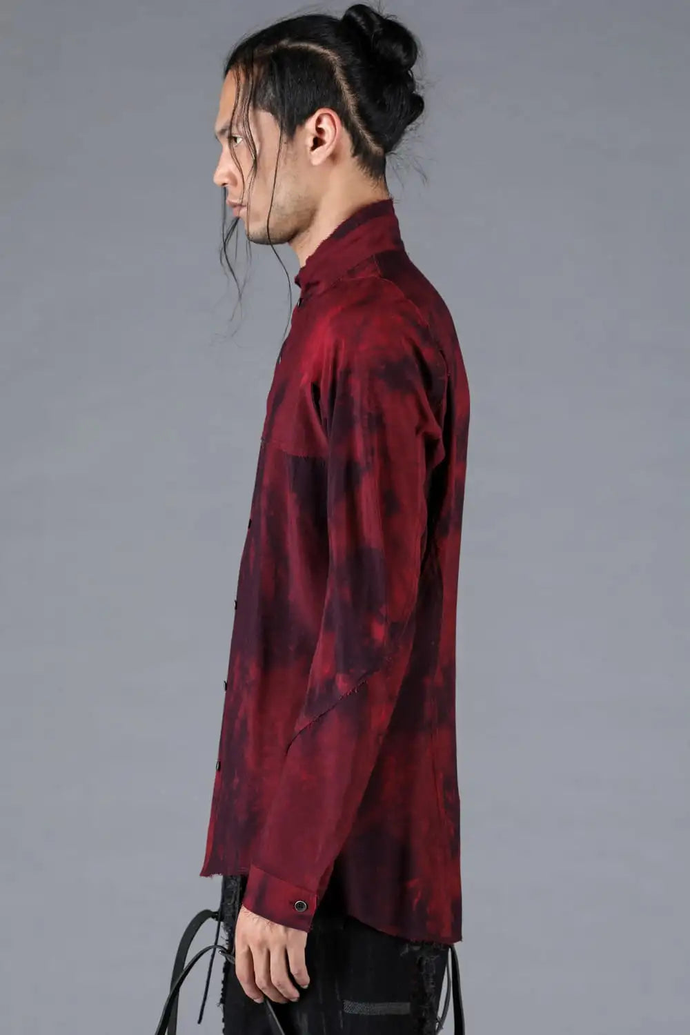 Rayon Twill Cut-Off Band Collar Shirt Red