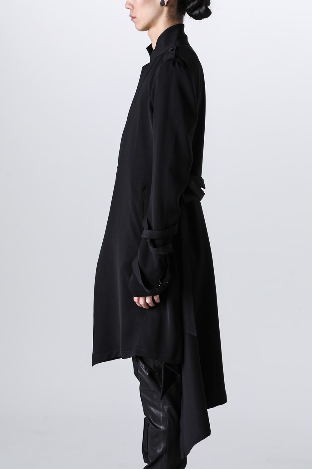 W-Satin Suede Belted Long Jacket Black