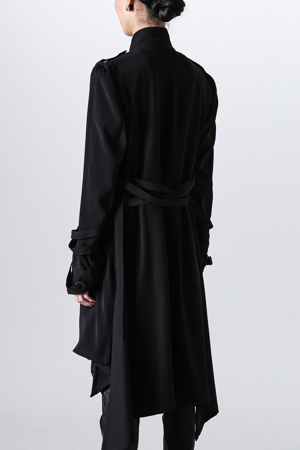 W-Satin Suede Belted Long Jacket Black