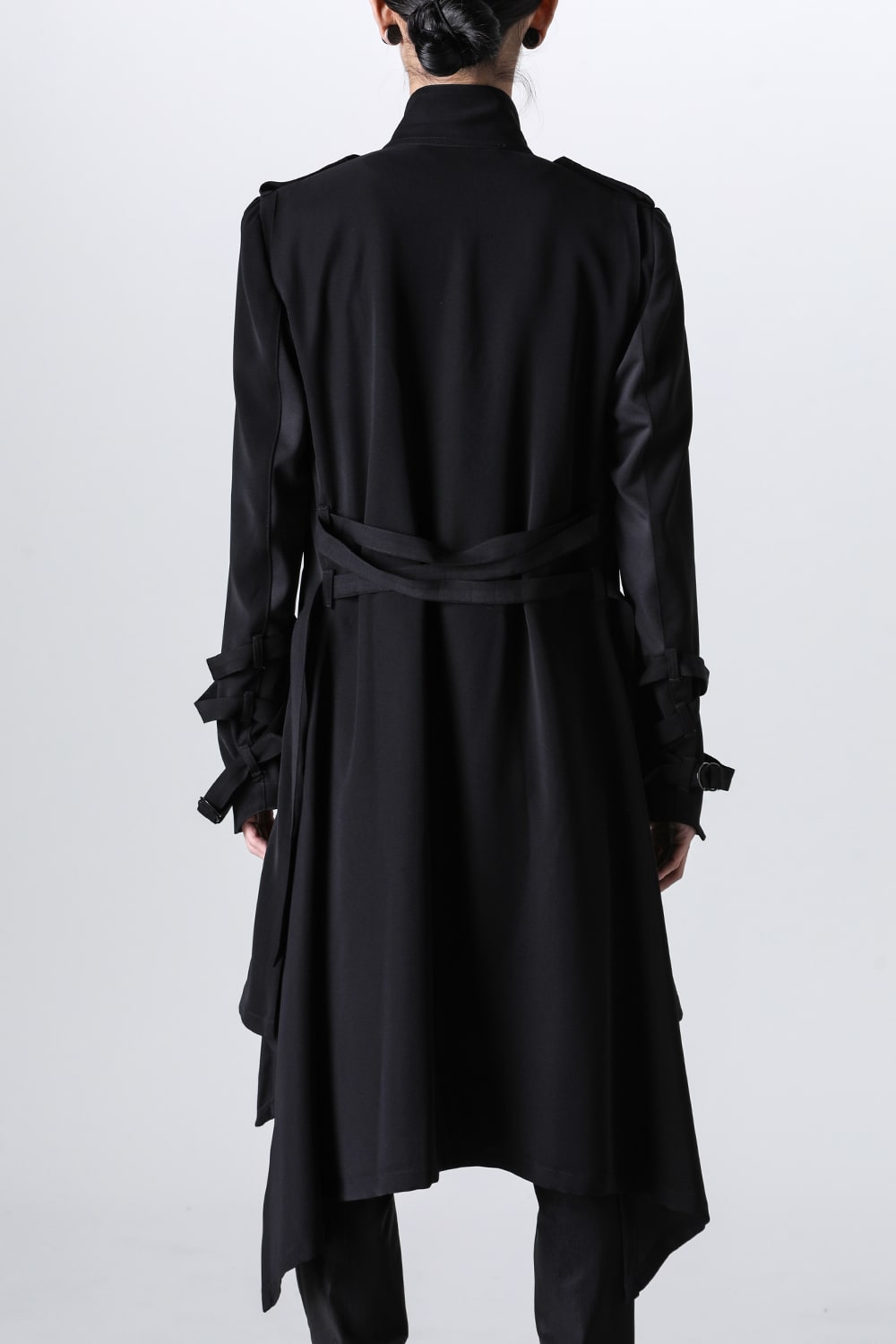 W-Satin Suede Belted Long Jacket Black