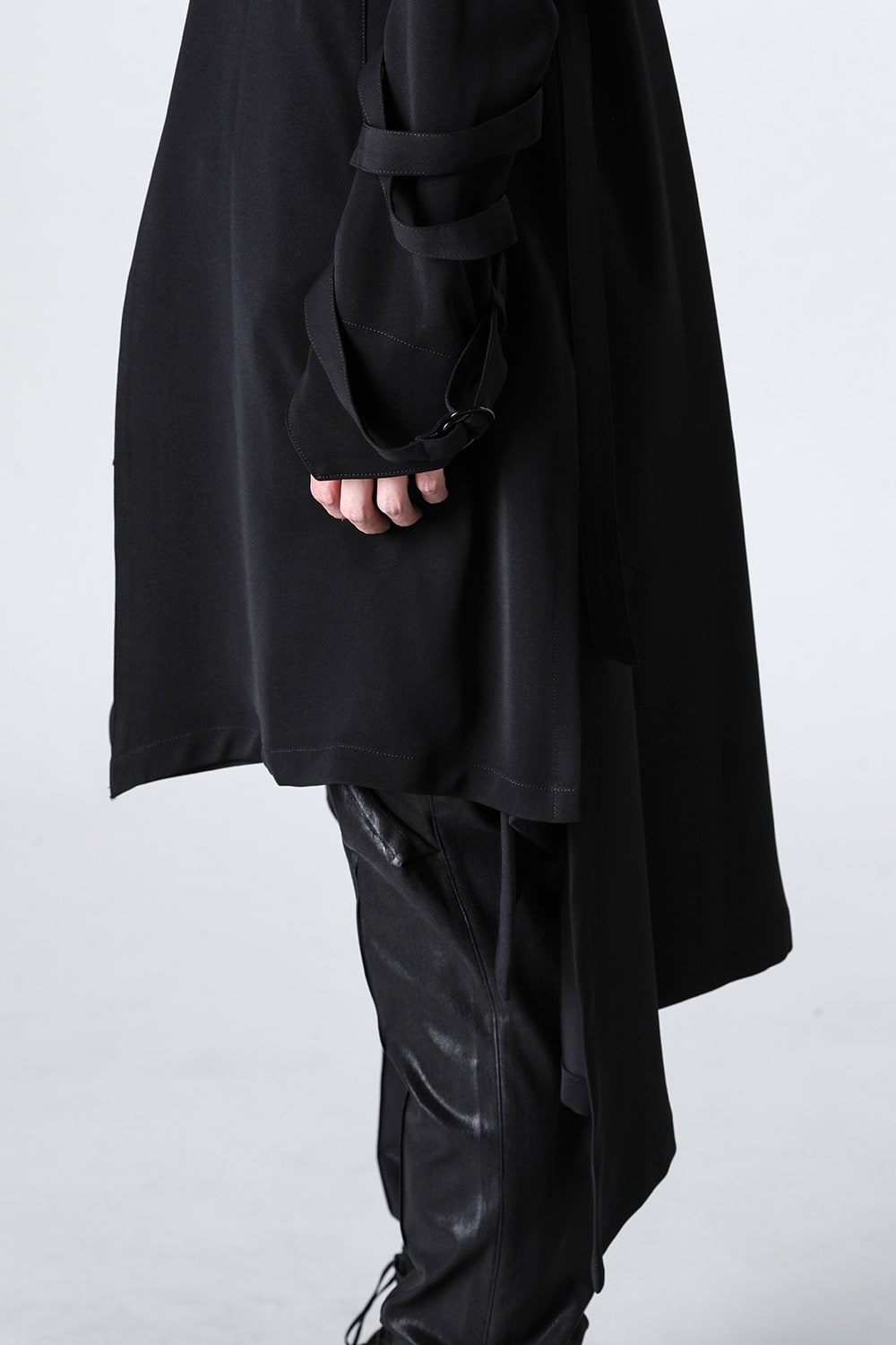 W-Satin Suede Belted Long Jacket Black