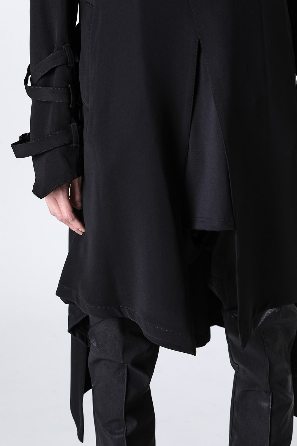 W-Satin Suede Belted Long Jacket Black