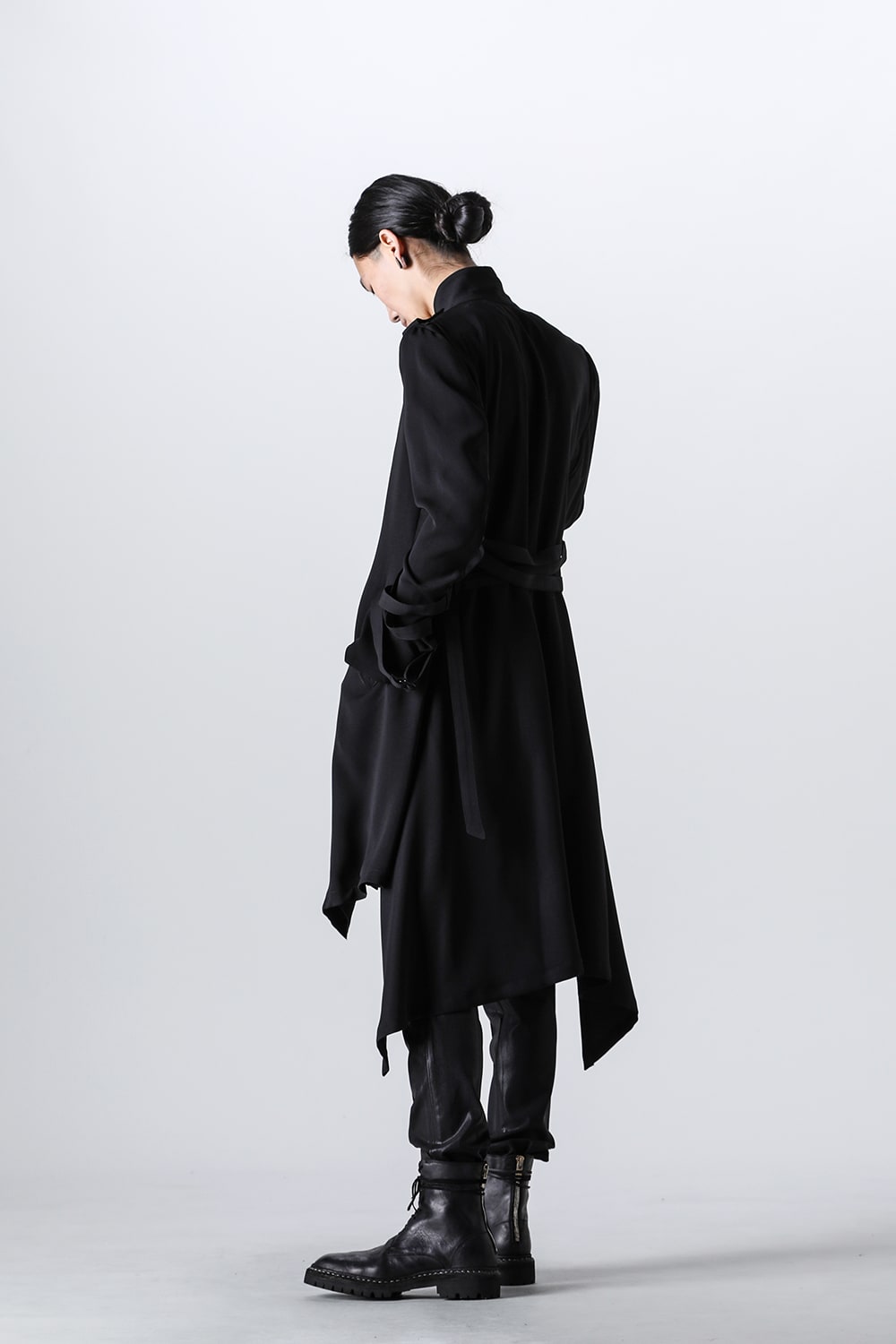 W-Satin Suede Belted Long Jacket Black