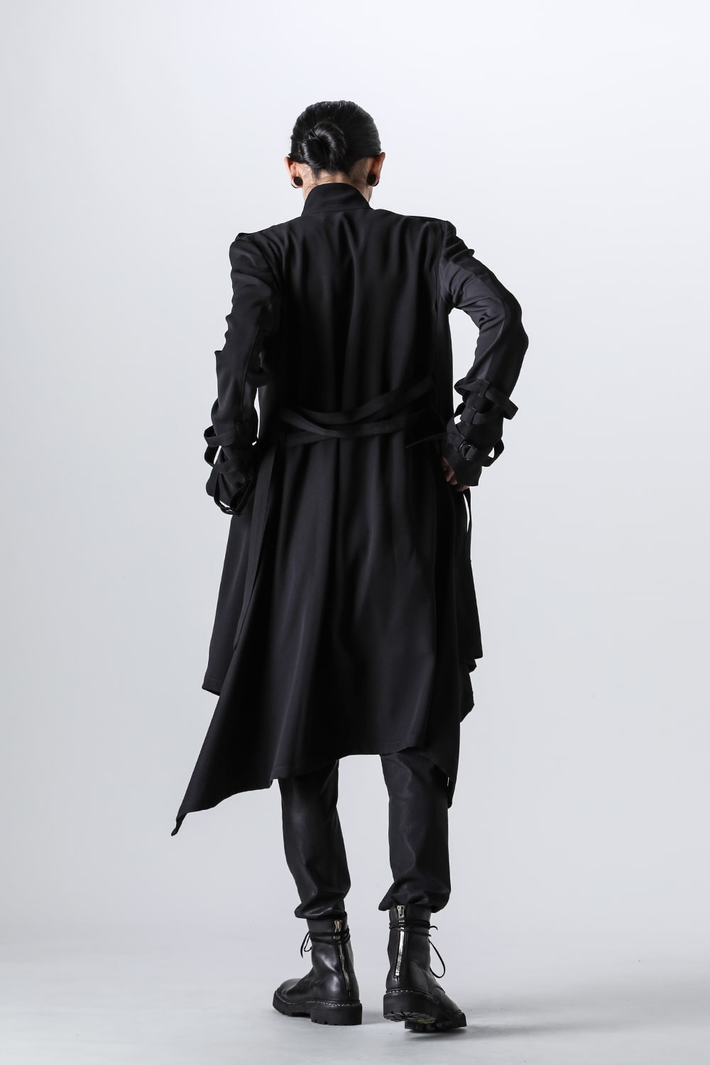 W-Satin Suede Belted Long Jacket Black