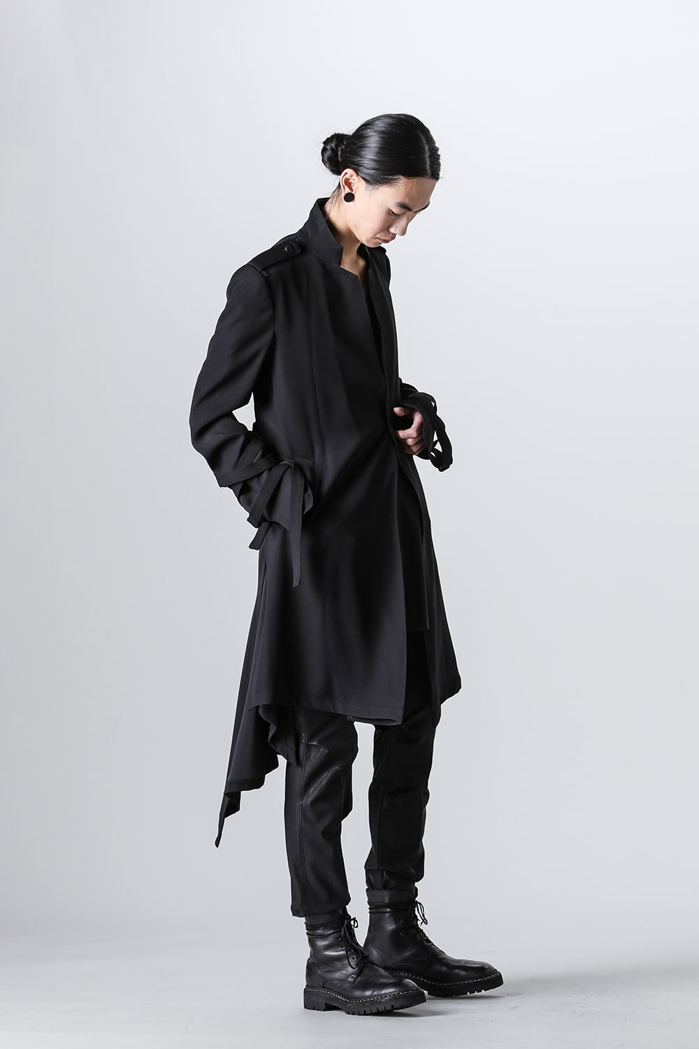 W-Satin Suede Belted Long Jacket Black