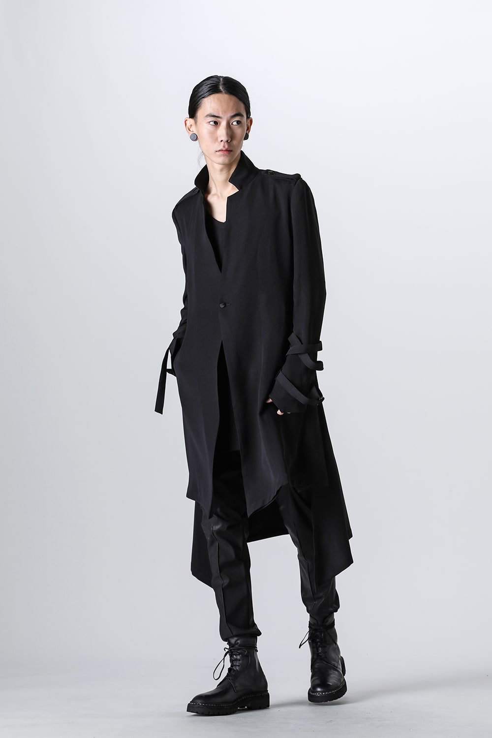 W-Satin Suede Belted Long Jacket Black