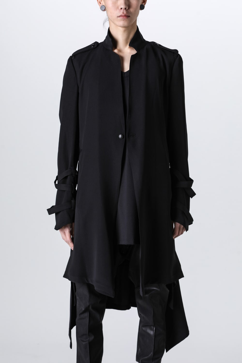 W-Satin Suede Belted Long Jacket Black