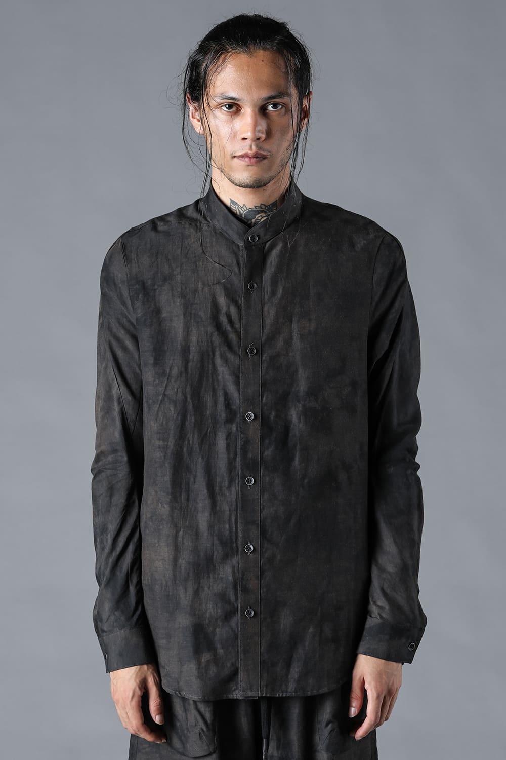 Uneven Dyed Linen x Rayon Band Collar Shirt