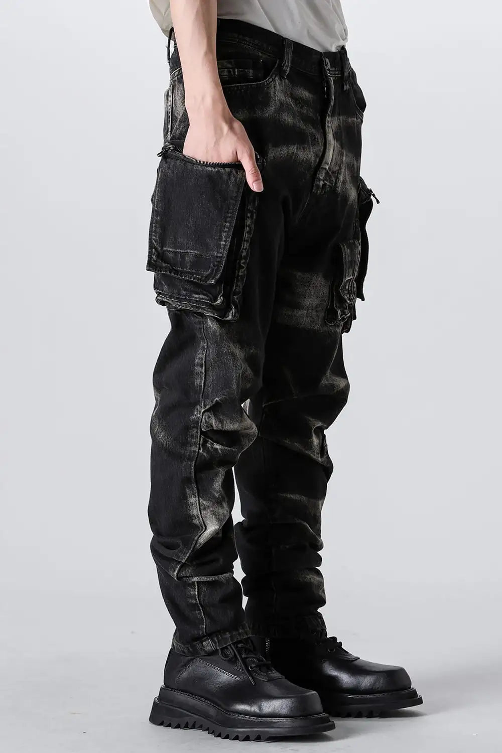 10oz Bleached Denim Wash Cargo Pants Black