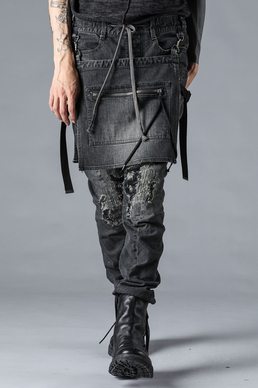 Bum Flap Distressed Denim Drop Crotch Slim Pants