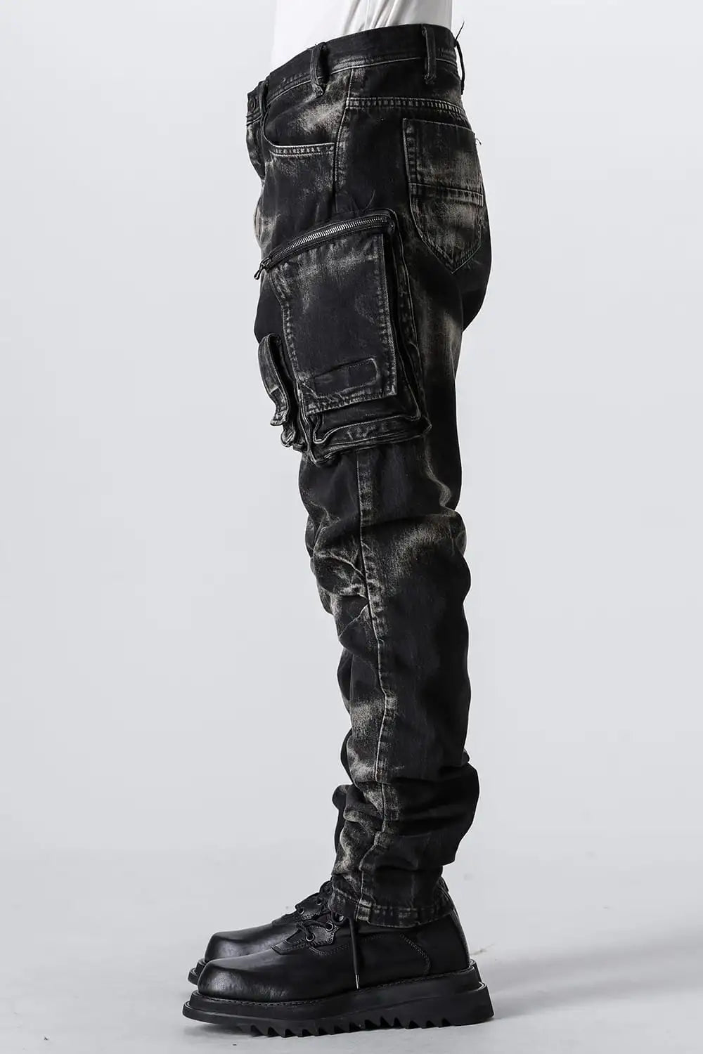 10oz Bleached Denim Wash Cargo Pants Black