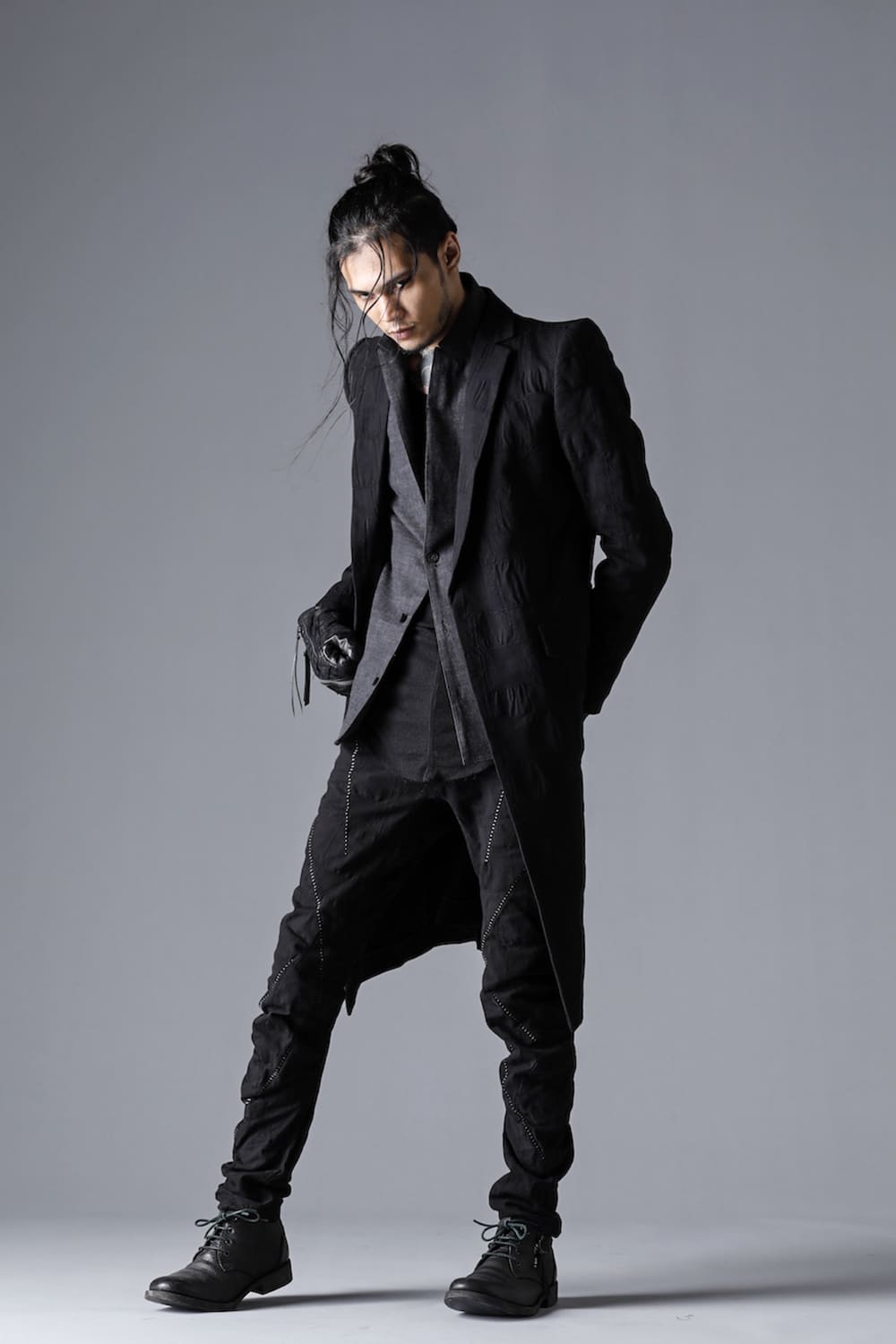 SCAB Patchwork Jagged Stretch Cotton Overlock Twisted Curved Slim Pants Black Charcoal Stitch