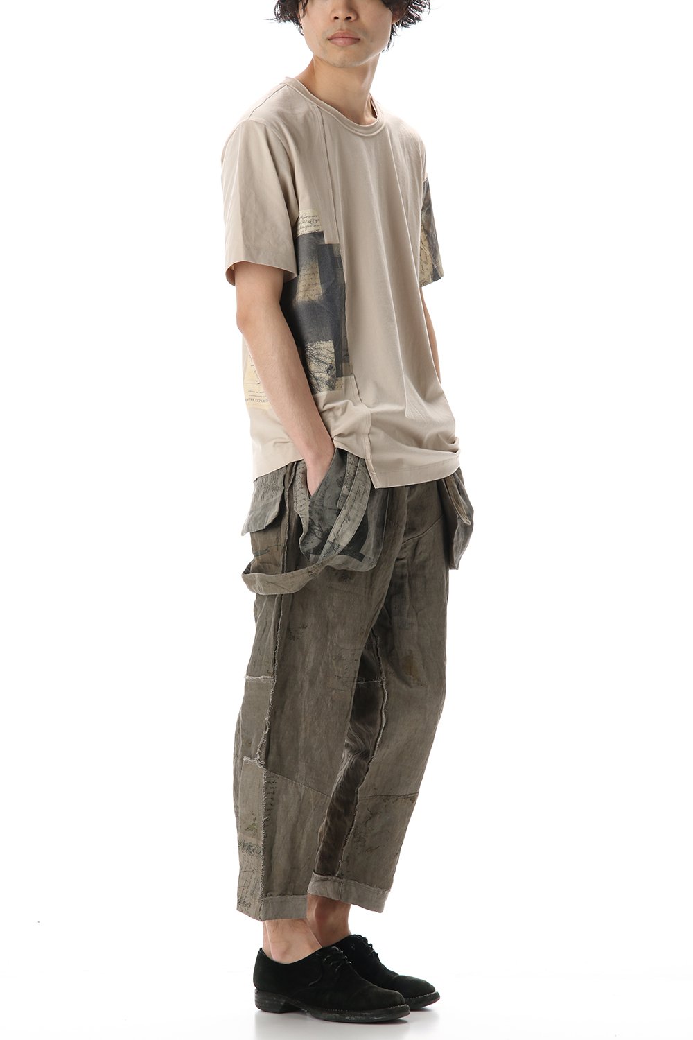 Used Paper Print Suspender Pants