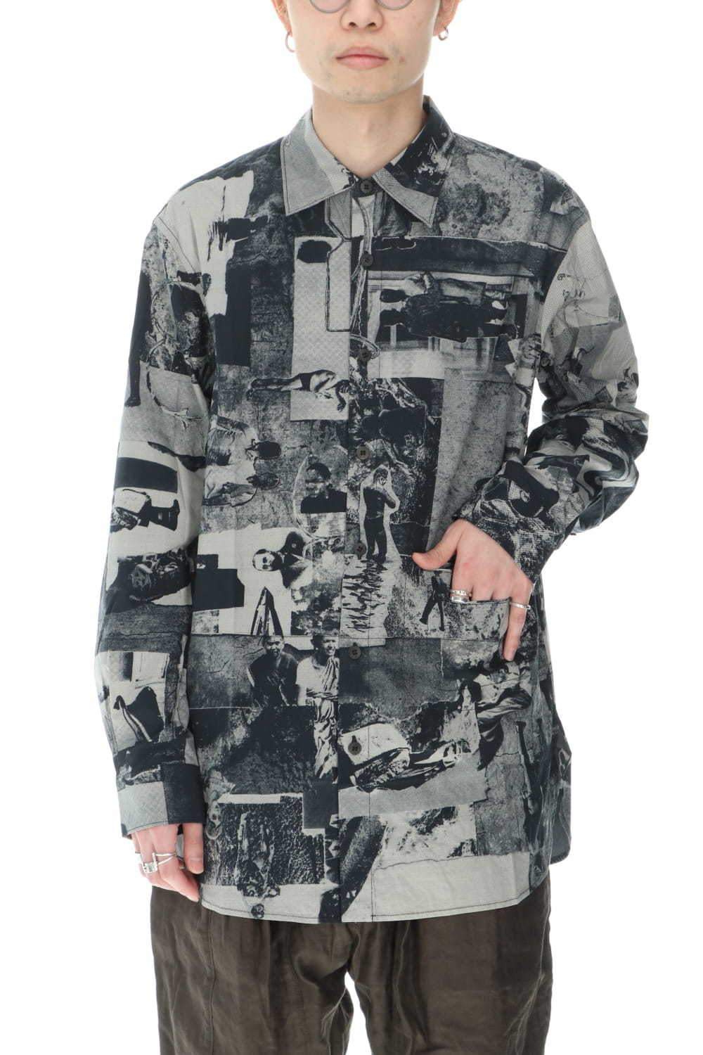 Curved hem Side slit Spread collar shirt Black × White