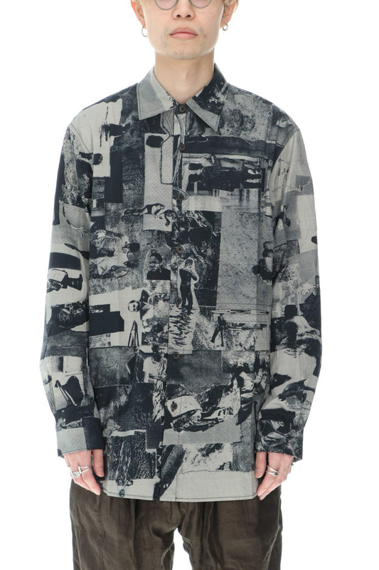 Curved hem Side slit Spread collar shirt Black × White