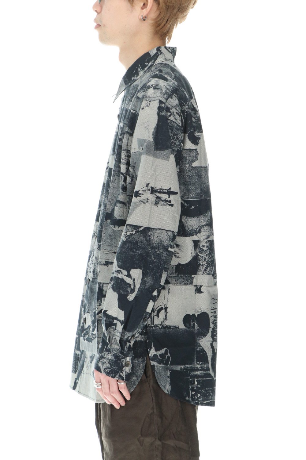 Curved hem Side slit Spread collar shirt Black × White