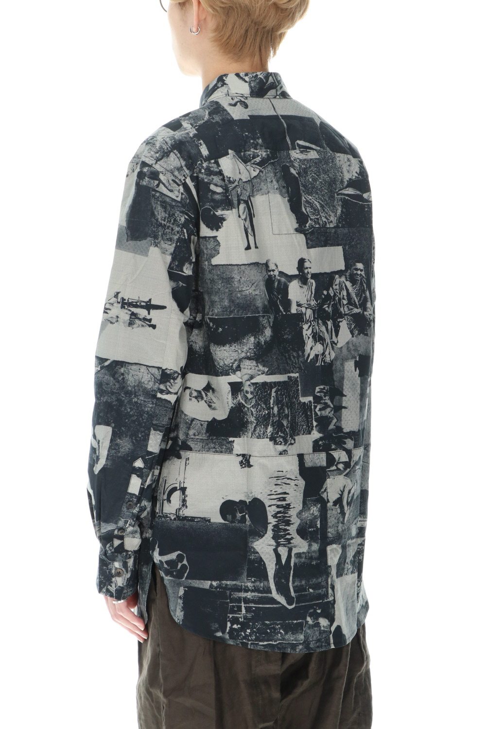 Curved hem Side slit Spread collar shirt Black × White