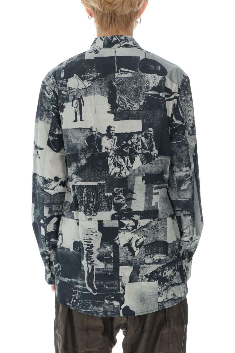 Curved hem Side slit Spread collar shirt Black × White