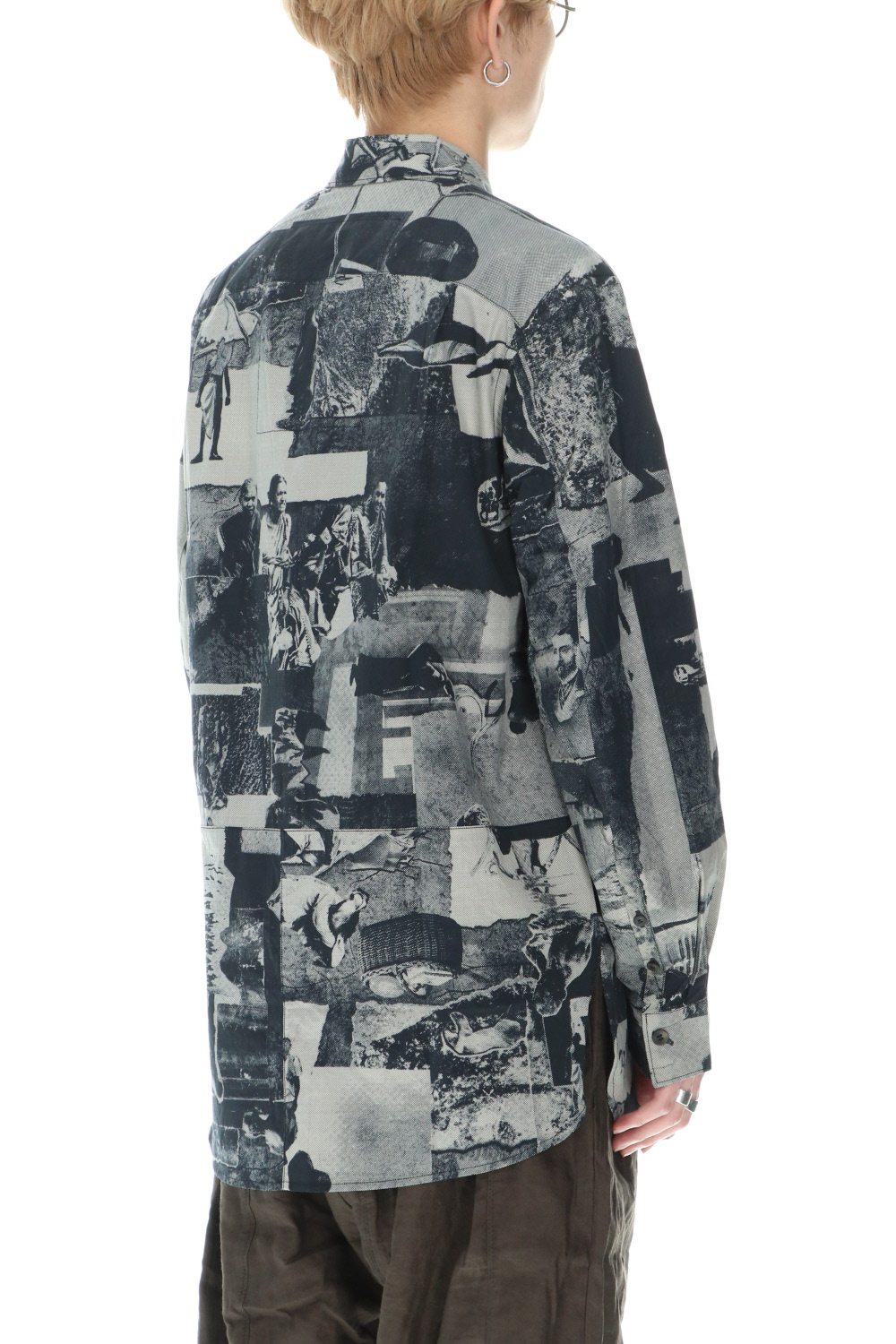 Curved hem Side slit Spread collar shirt Black × White