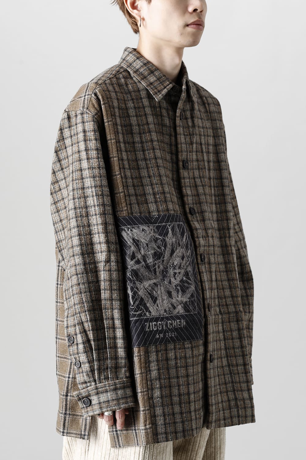 Oversized Plaid Worker Shirt Jacket With Patchwork
