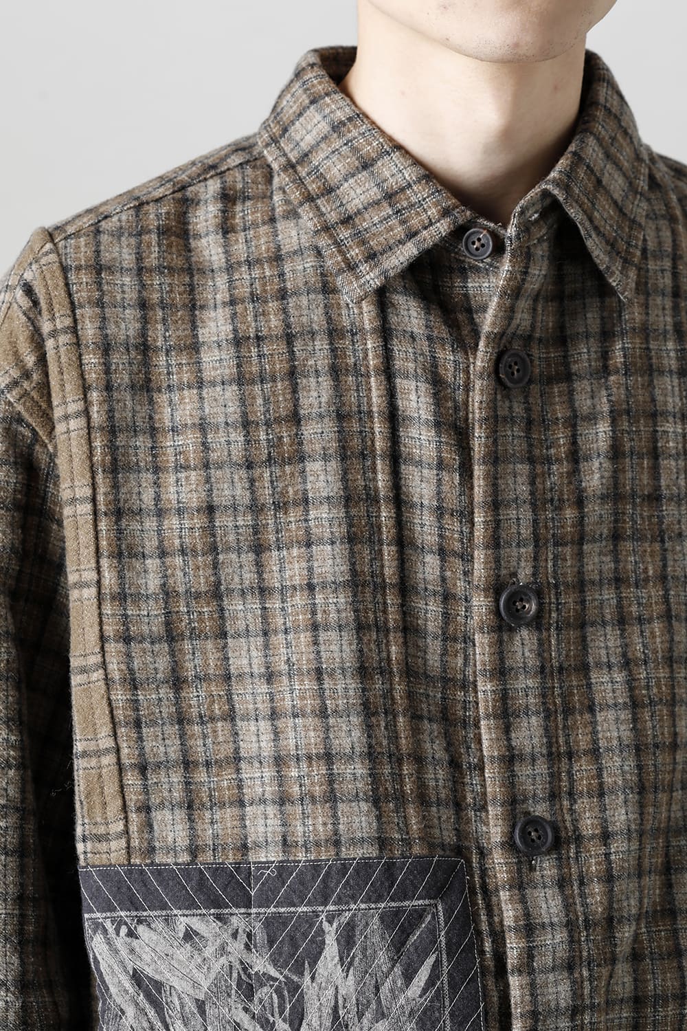 Oversized Plaid Worker Shirt Jacket With Patchwork